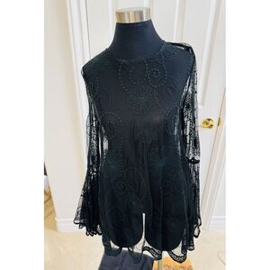 Lace Tunic Top Shirt  SzM Black Crochet Lace Mesh Sheer Bell Sleeves Whimsy Boho